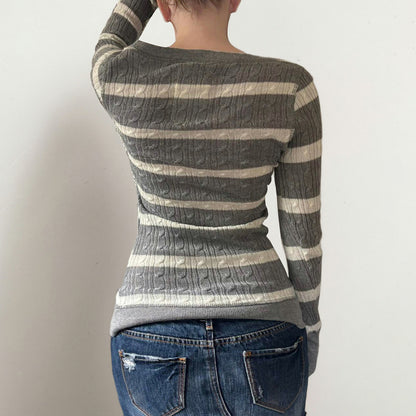 Striped twisted flower square collar woolen top