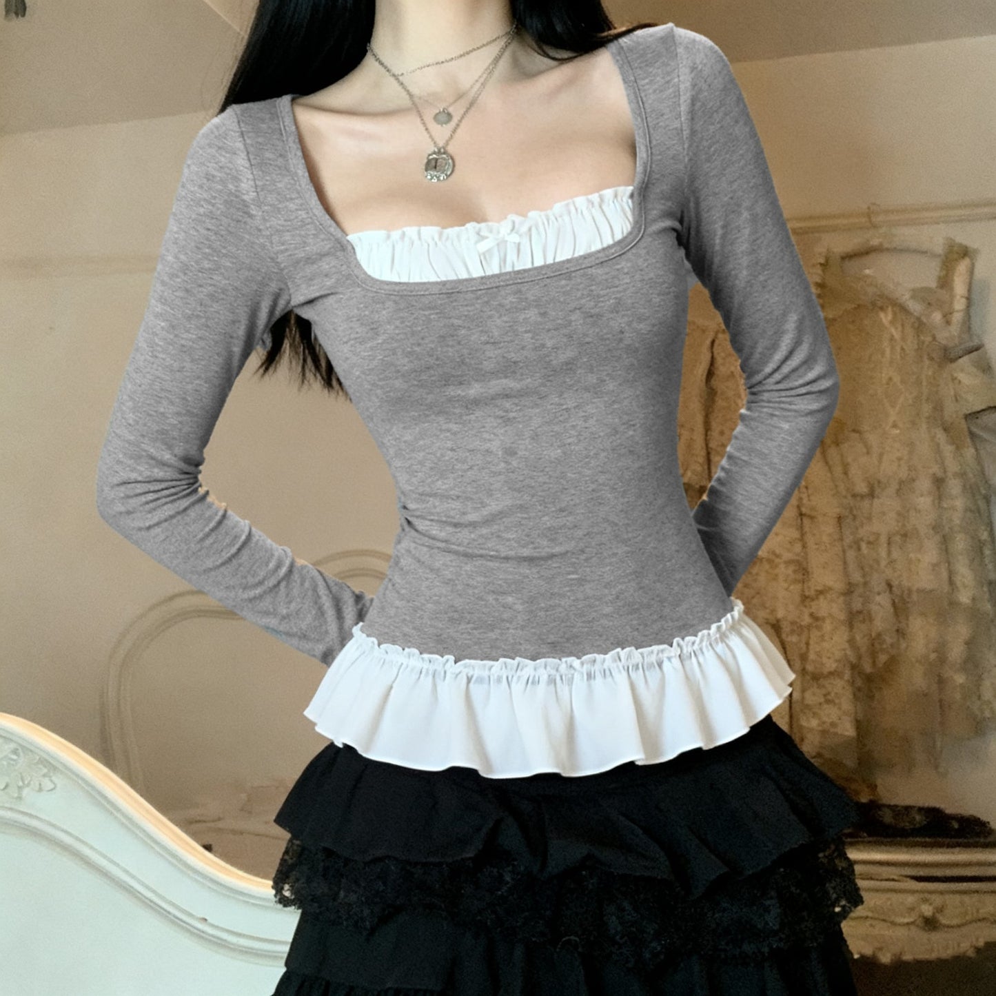 Doll collar pleated patchwork fake two-piece top