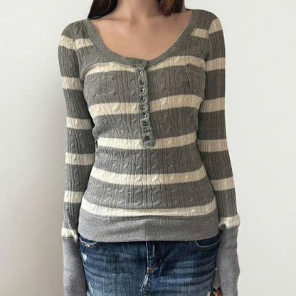 Striped twisted flower square collar woolen top