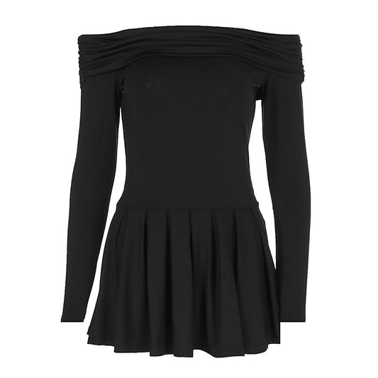 Off shoulder slim fit long sleeved pleated dress