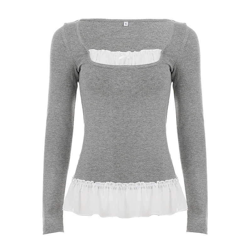 Doll collar pleated patchwork fake two-piece top