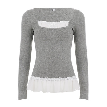 Doll collar pleated patchwork fake two-piece top