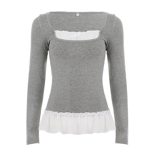 Doll collar pleated patchwork fake two-piece top