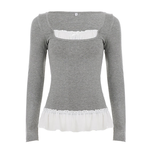 Doll collar pleated patchwork fake two-piece top