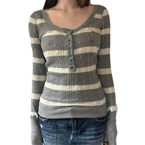 Striped twisted flower square collar woolen top