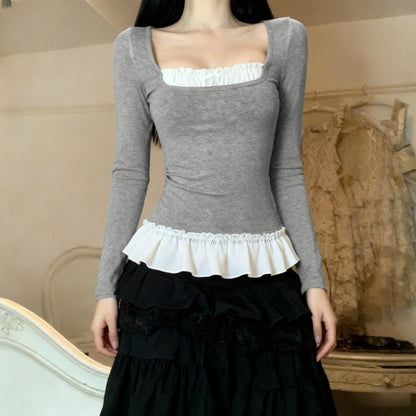 Doll collar pleated patchwork fake two-piece top