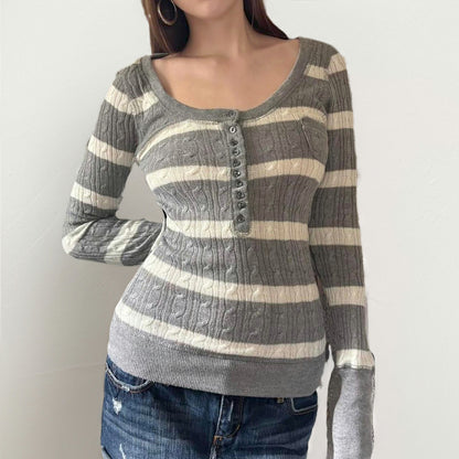 Striped twisted flower square collar woolen top