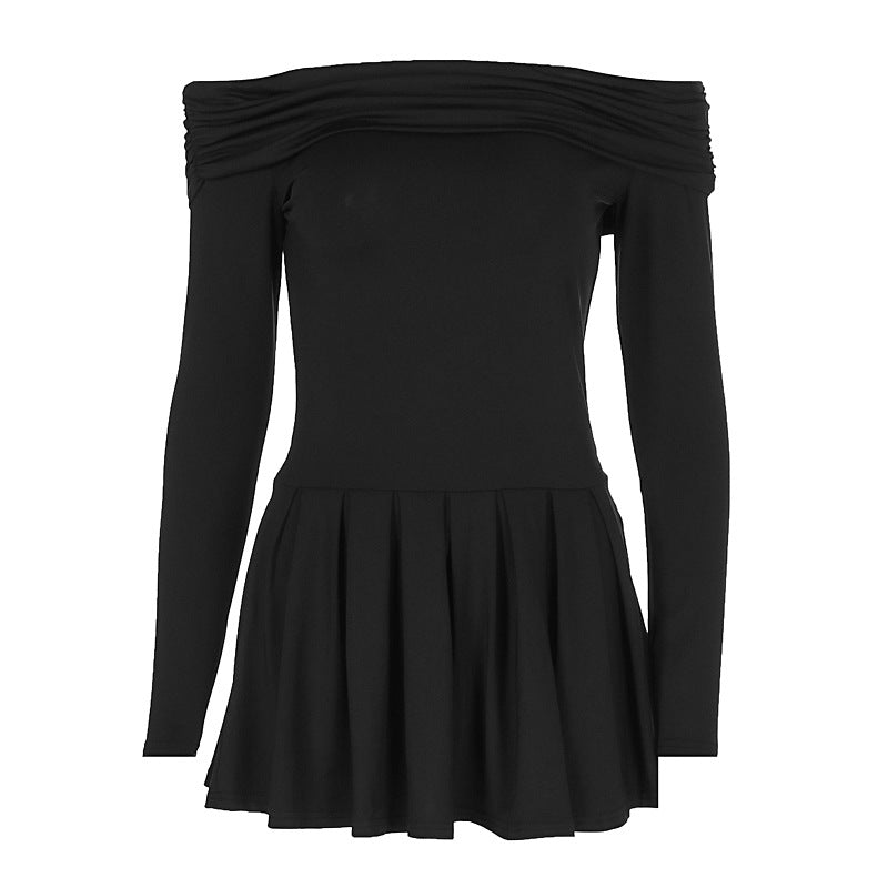 Off shoulder slim fit long sleeved pleated dress