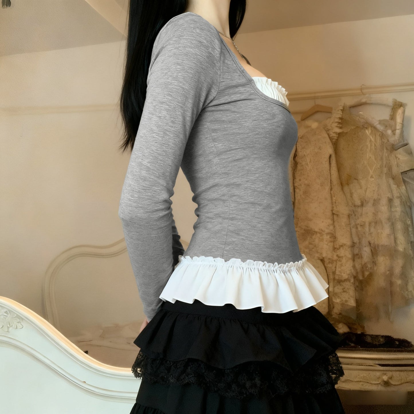 Doll collar pleated patchwork fake two-piece top