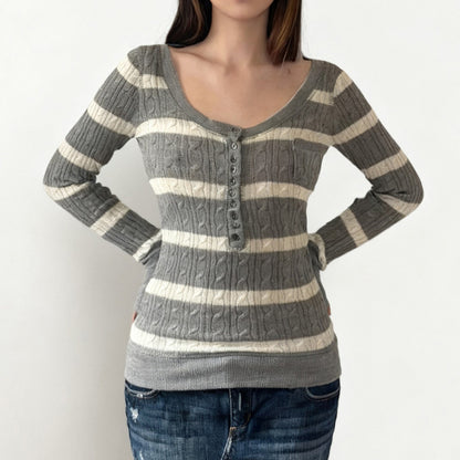 Striped twisted flower square collar woolen top